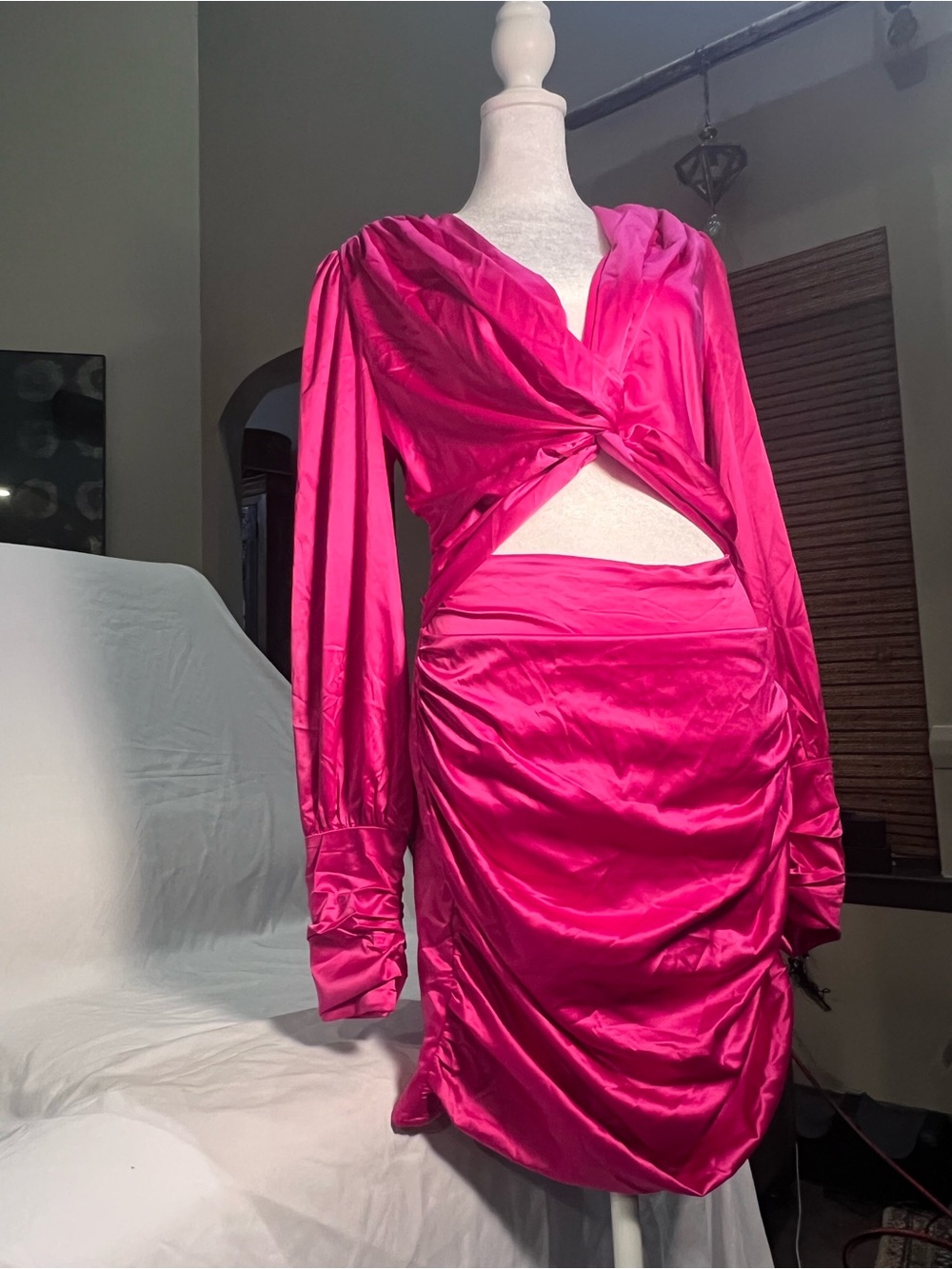 Glamaker Hot Pink Satin Ruched Cutout Mini Dress Y2K Size L